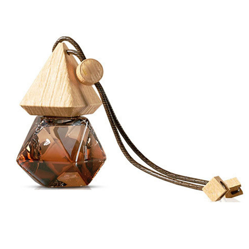 Dark faceted car diffuser bottle with pointed wooden cap and hanging cord