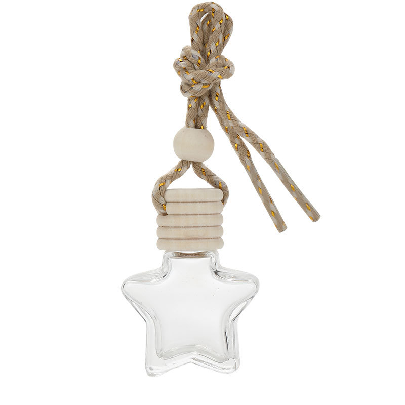 Clear star-shaped car diffuser bottle with ribbed wooden cap and hanging cord