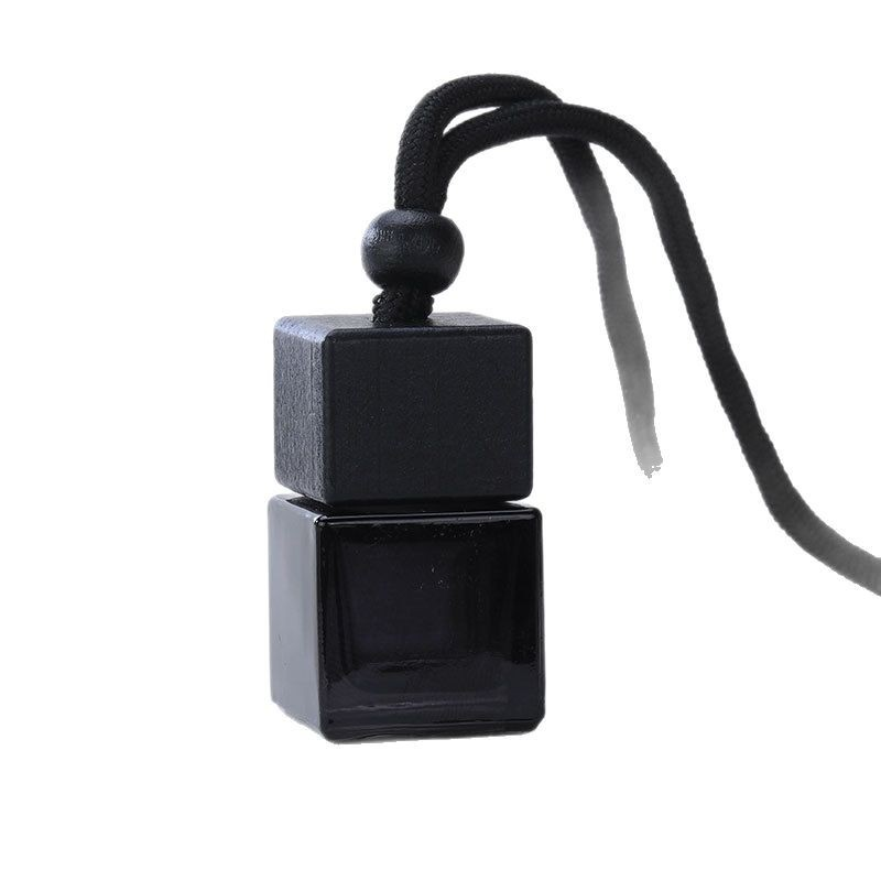 Black square car diffuser bottle with matching square cap and black hanging cord