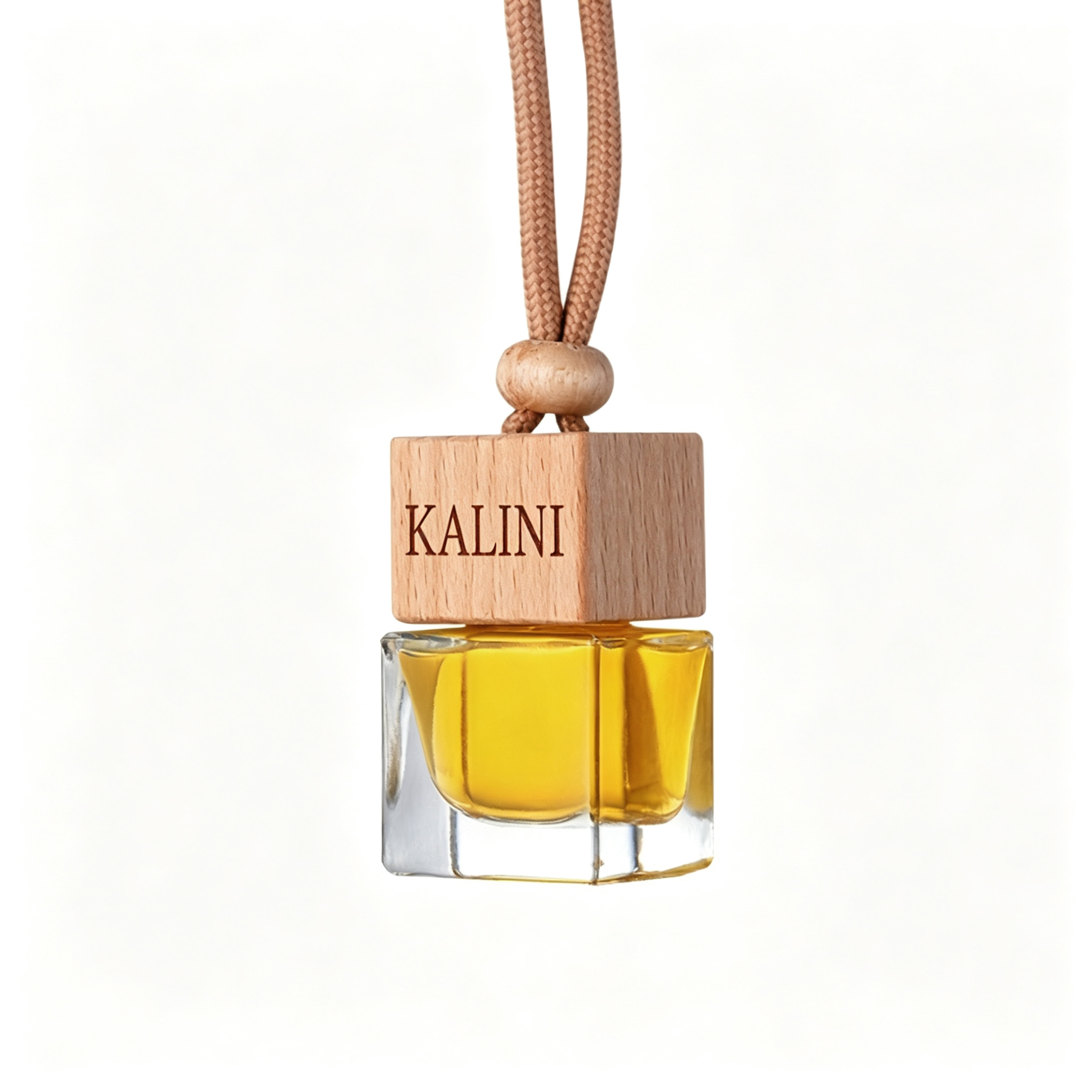 KALINI square car diffuser bottle with square wooden cap and tan cord threaded through the cap