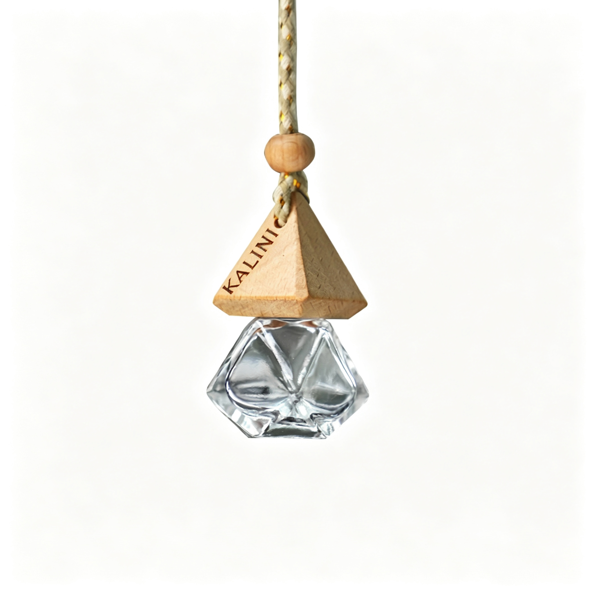 KALINI clear faceted car diffuser bottle with pointed wooden cap and hanging cord
