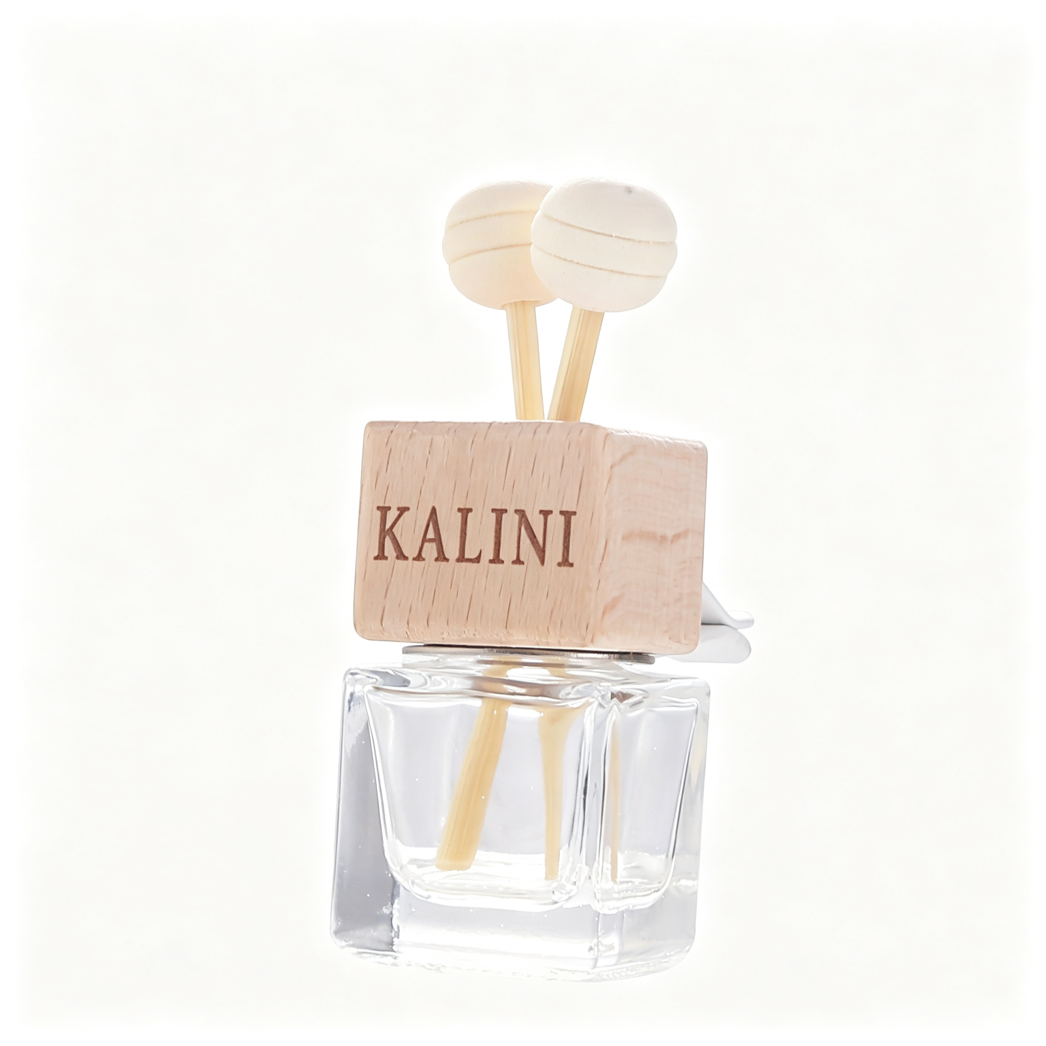 KALINI square car diffuser bottle with wooden cap, two rounded sticks and vent clip