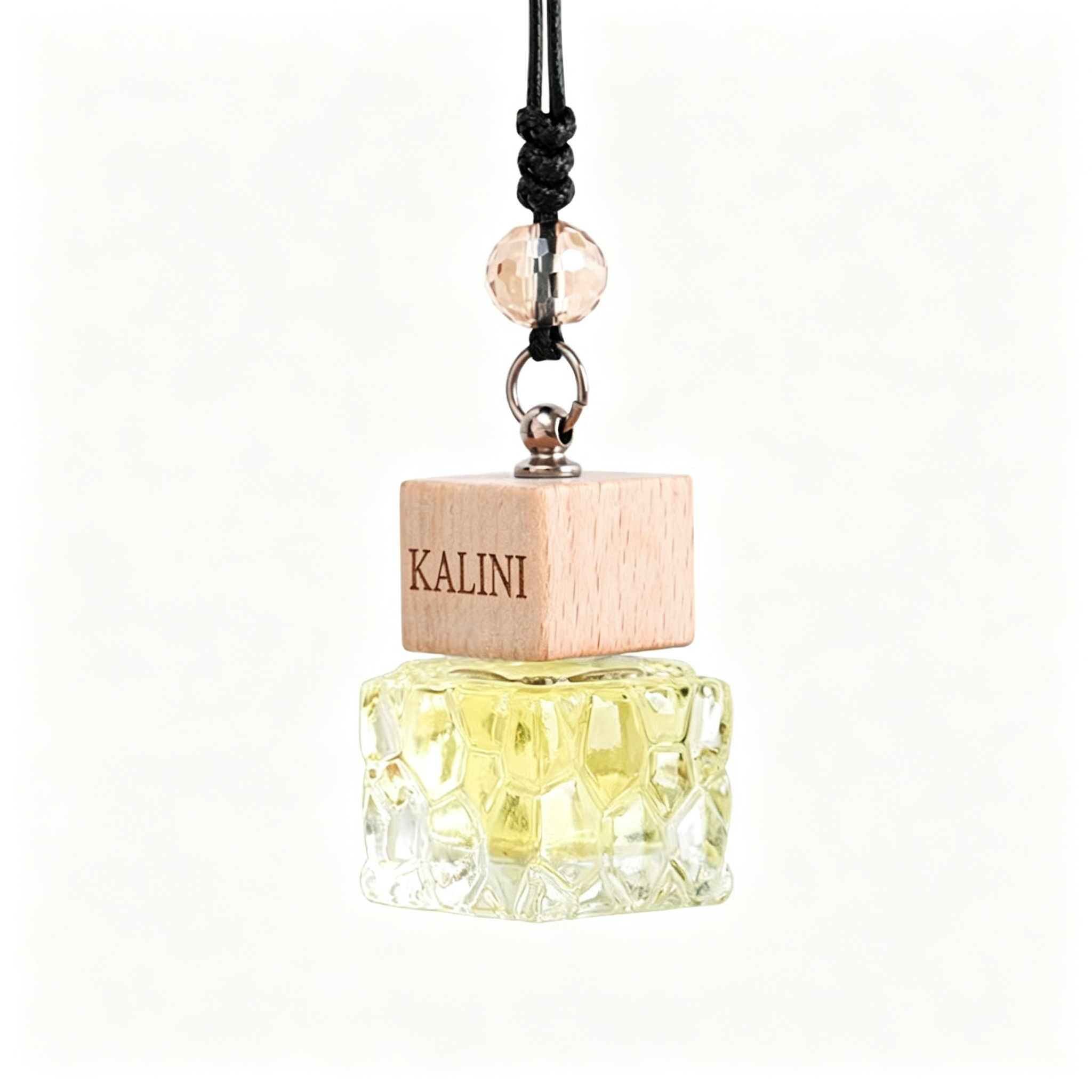 KALINI textured square car diffuser bottle with wooden cap, metal ring, bead and black hanging cord