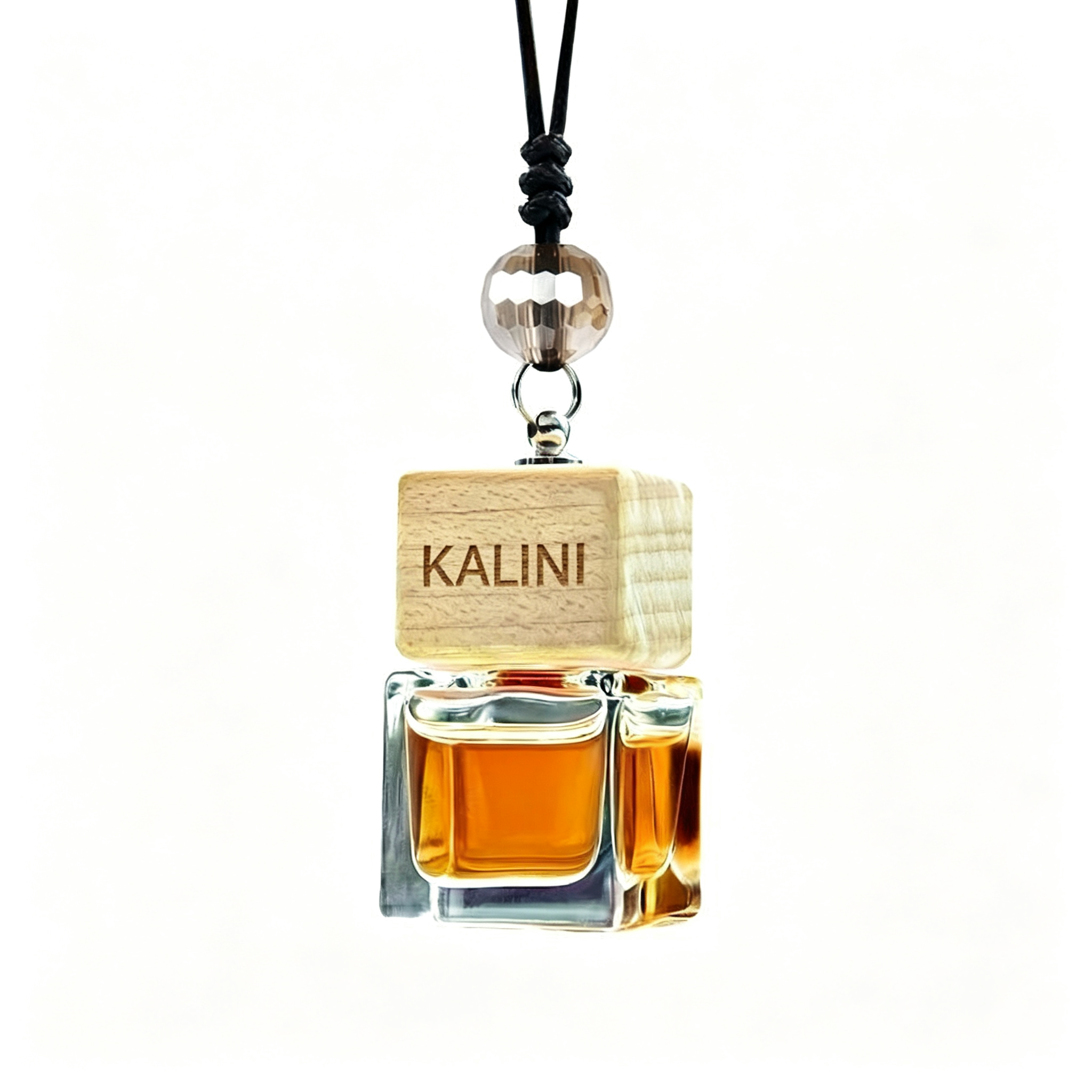 KALINI clear square car diffuser bottle with wooden cap, metal ring, bead and black hanging cord