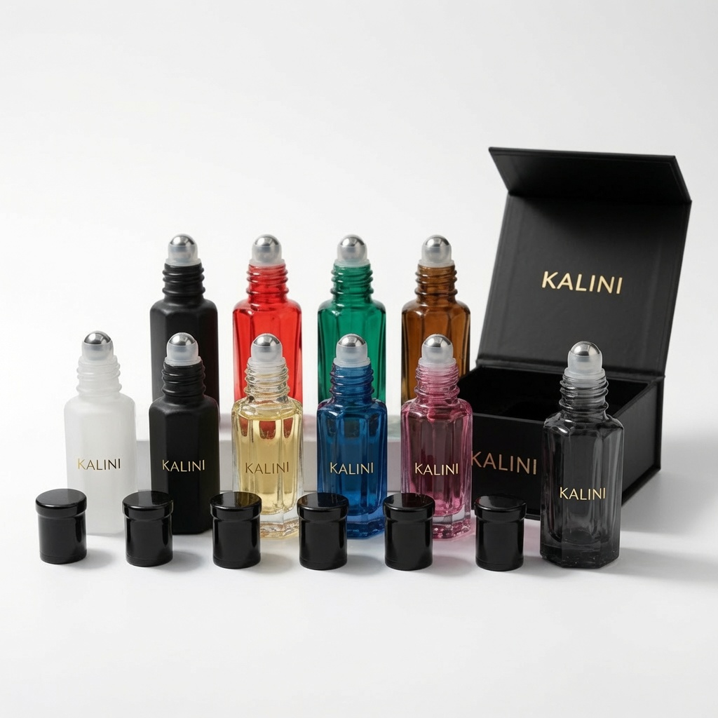 KALINI roll-on bottle collection with exposed roller balls, separate black caps and presentation box