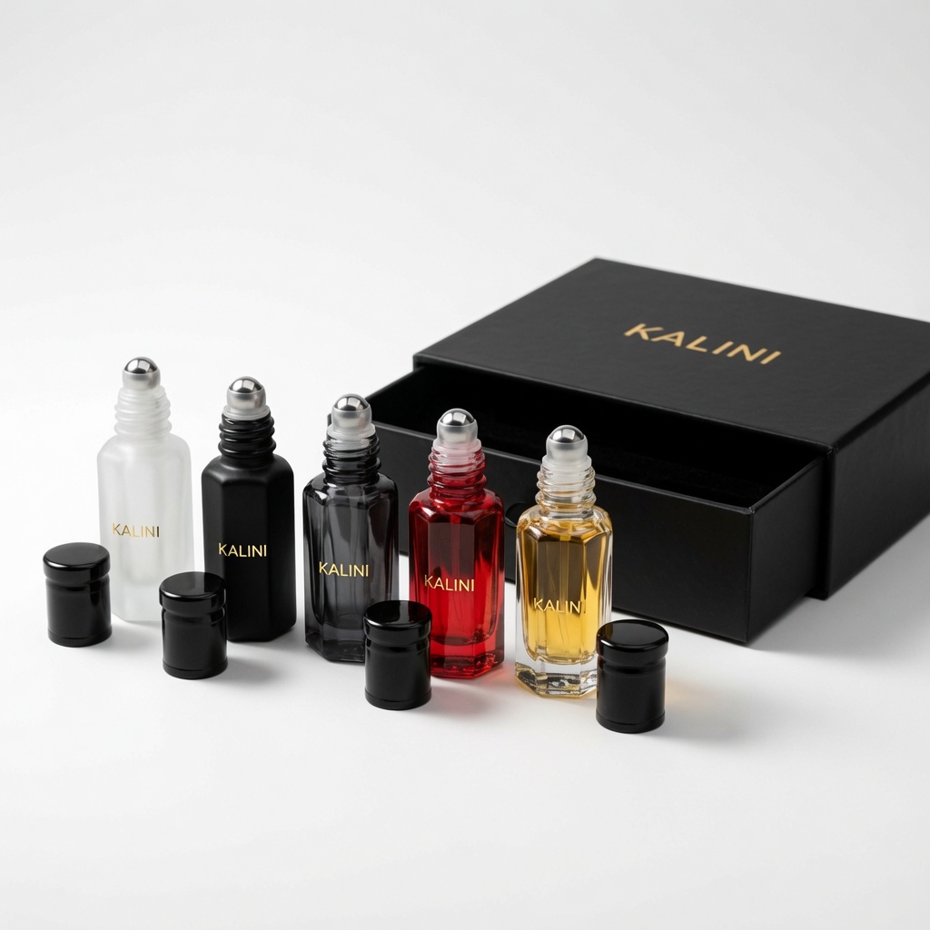 Five KALINI roll-on bottles with exposed roller balls, black caps and presentation box
