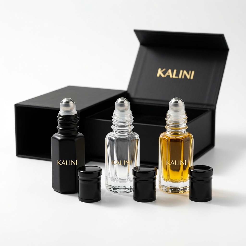 Three KALINI roll-on bottles with black caps beside open black presentation boxes