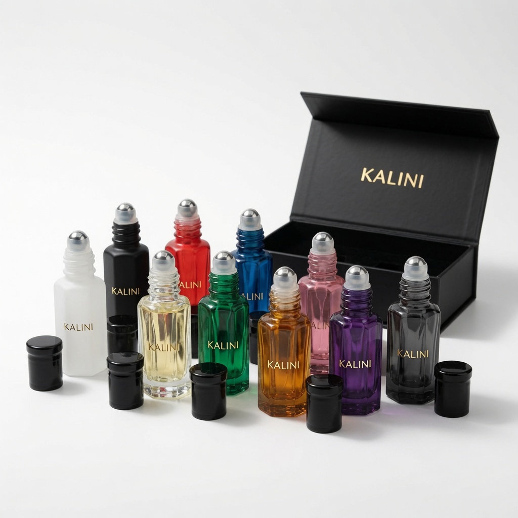 KALINI roll-on bottle assortment in multiple colours with black caps and box