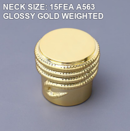 NECK SIZE: 15FEA A563 GLOSSY GOLD WEIGHTED perfume bottle cap reference
