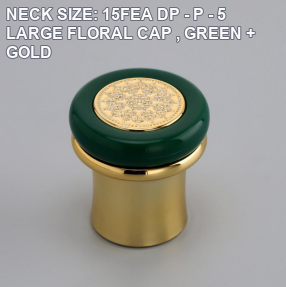 NECK SIZE: 15FEA DP - P - 5 LARGE FLORAL CAP , GREEN + GOLD perfume bottle cap reference