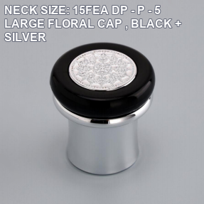 NECK SIZE: 15FEA DP - P - 5 LARGE FLORAL CAP , BLACK + SILVER perfume bottle cap reference