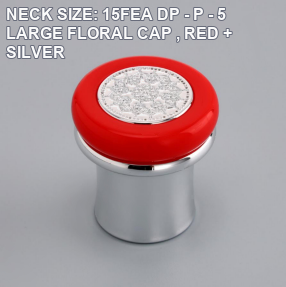 NECK SIZE: 15FEA DP - P - 5 LARGE FLORAL CAP , RED + SILVER perfume bottle cap reference