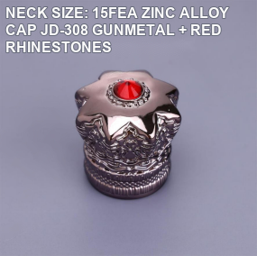 NECK SIZE: 15FEA ZINC ALLOY CAP JD-308 GUNMETAL + RED RHINESTONES perfume bottle cap reference