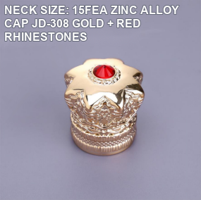 NECK SIZE: 15FEA ZINC ALLOY CAP JD-308 GOLD + RED RHINESTONES perfume bottle cap reference