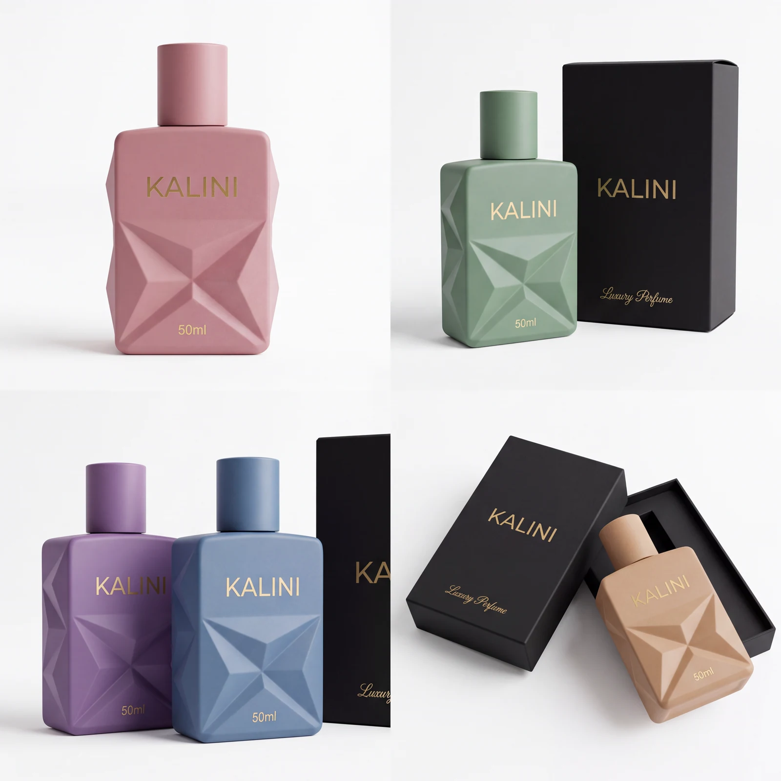 Four coordinated perfume bottle color and packaging directions for cost planning