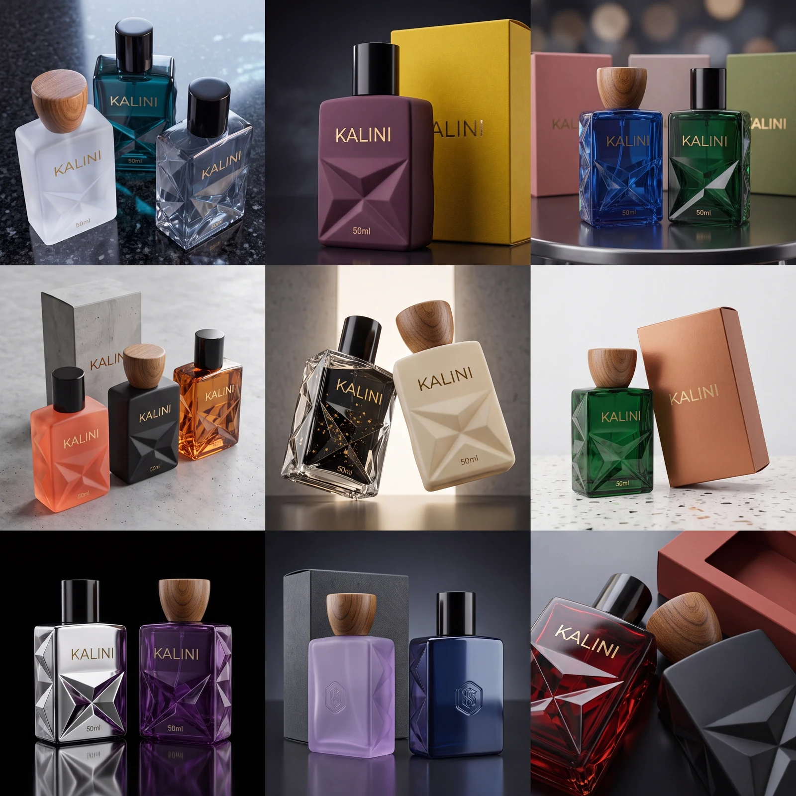 Nine perfume bottle finish, cap and packaging combinations