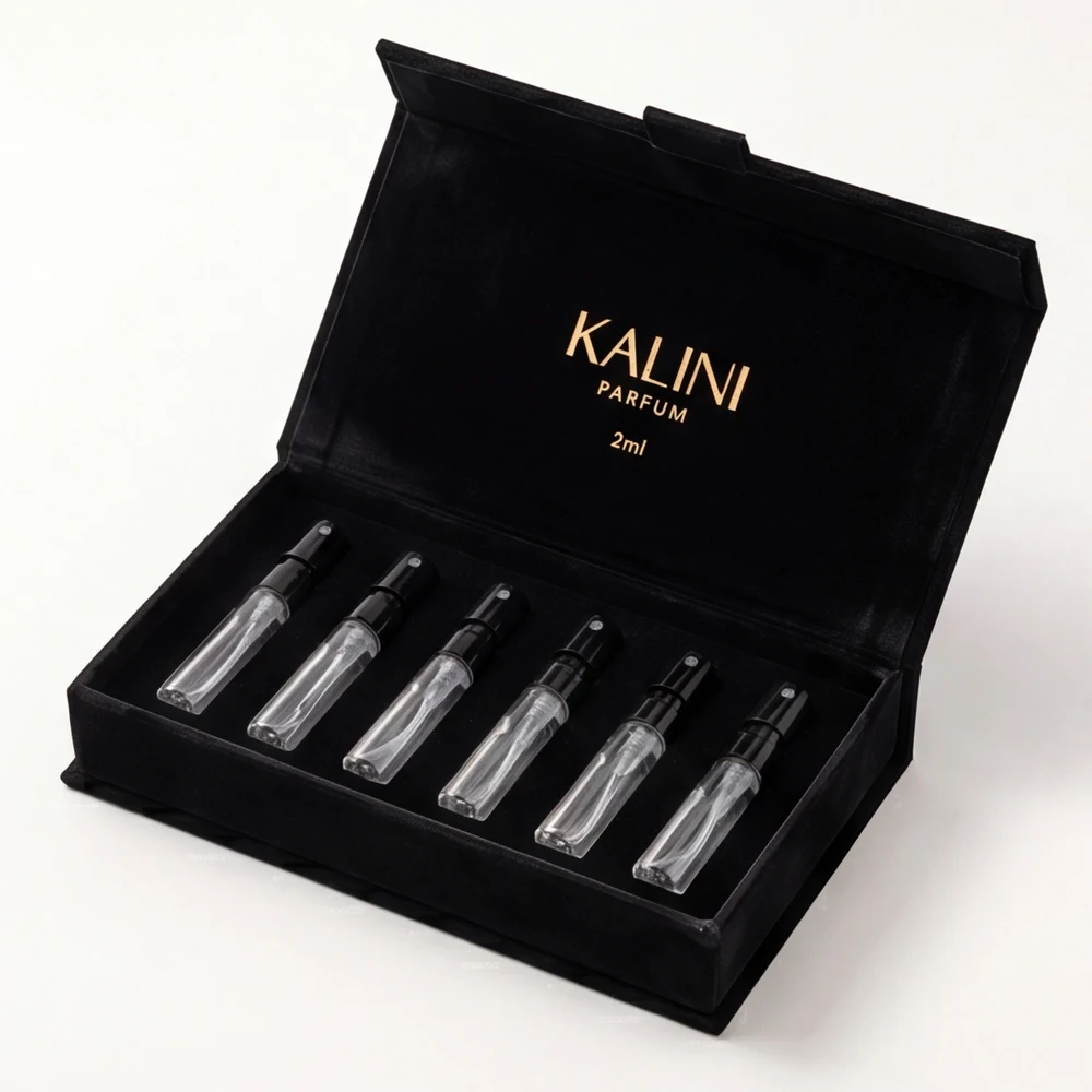 Six perfume sample vials arranged in a fitted black discovery-set presentation box