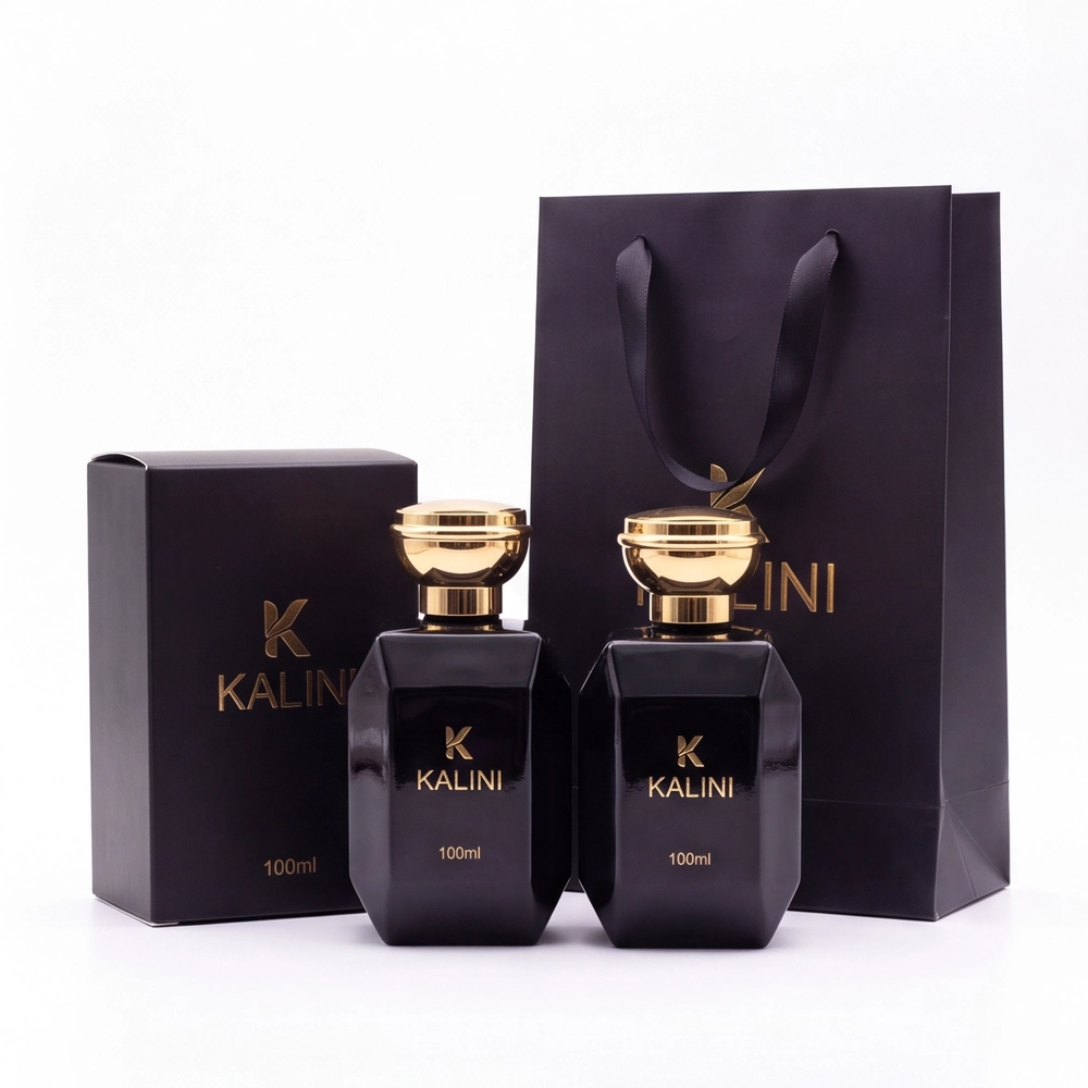 Two 100ml perfume bottles with a folding carton and paper carry bag