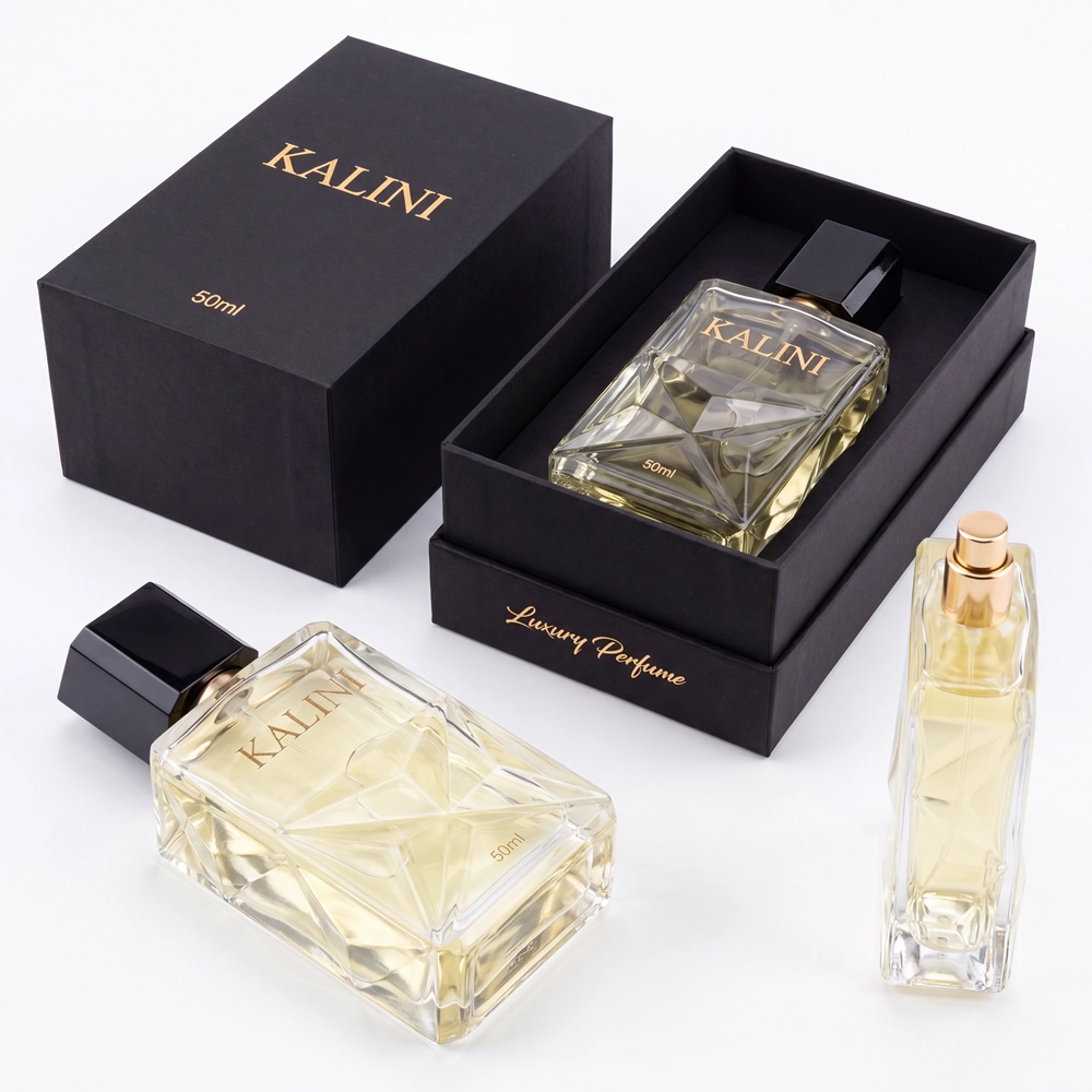 Faceted 50ml perfume bottles with a rigid presentation box and fitted insert