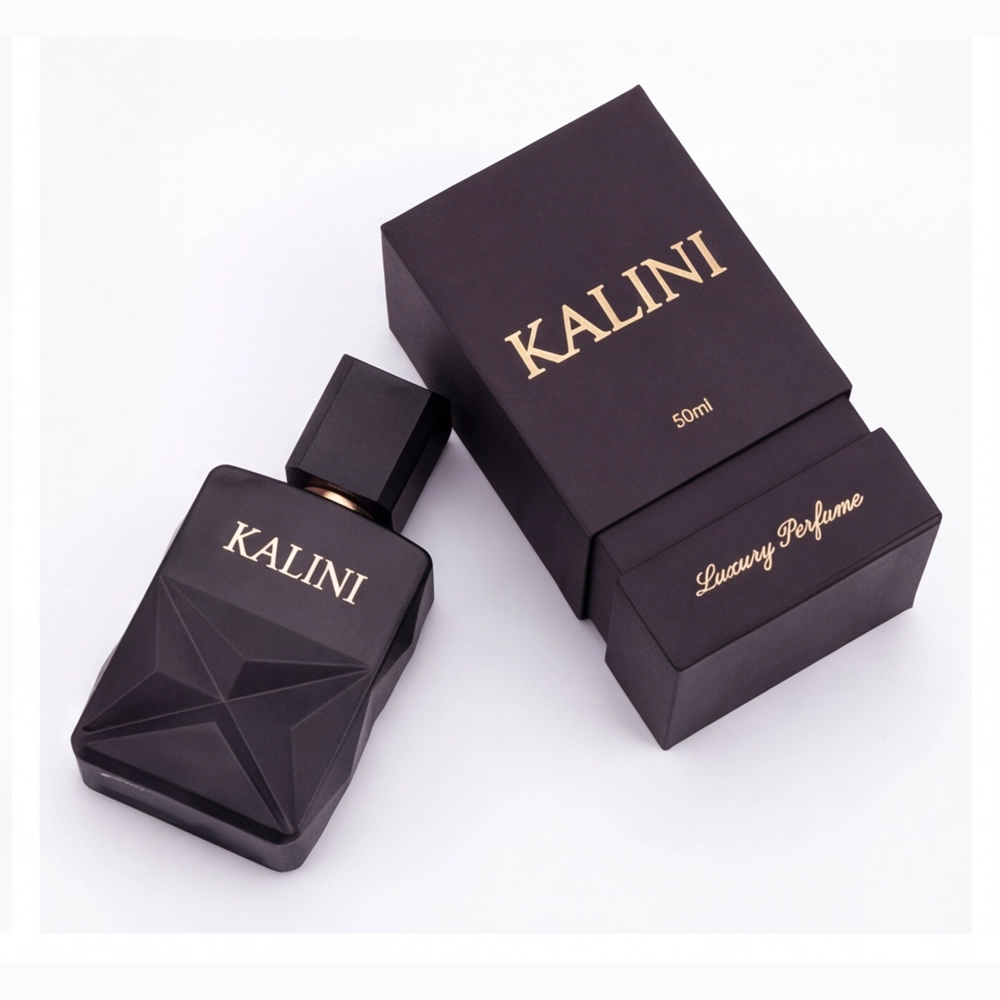 Black 50ml perfume bottle beside a two-piece rigid presentation box