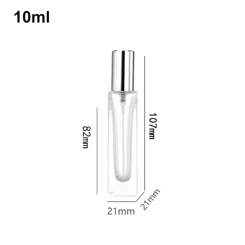 Slim clear 10ml square perfume bottle with polished silver-tone cap and shown dimensions