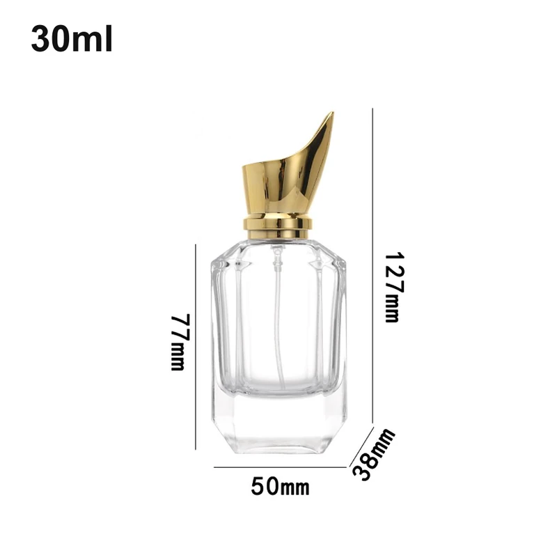 OULU-PB0334 faceted 30ml perfume bottle with tall asymmetric gold-tone cap