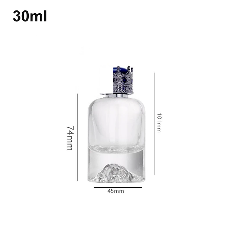 OULU-PB0357 clear 30ml perfume bottle with sculpted mountain base and ornate crown-style cap