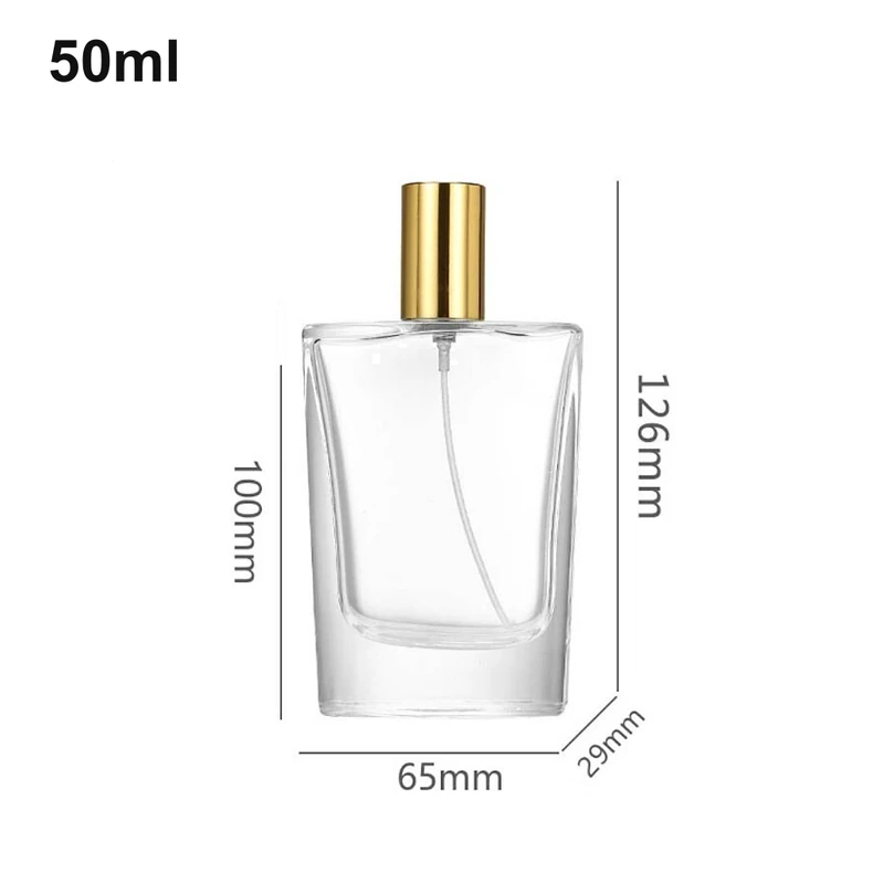 OULU-PB0514 wide 50ml clear perfume bottle with a polished gold-tone cap and shown dimensions