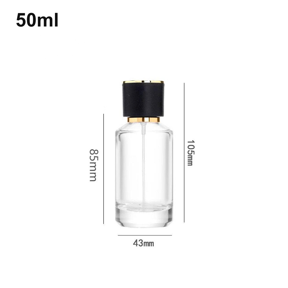50ml Clear Cylinder Black-Gold Cap Perfume Bottle