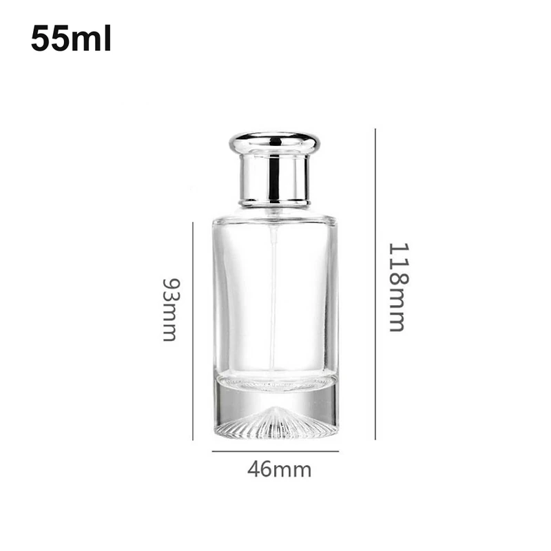 Clear 55ml cylinder perfume bottle with polished silver-tone cap and shown dimensions