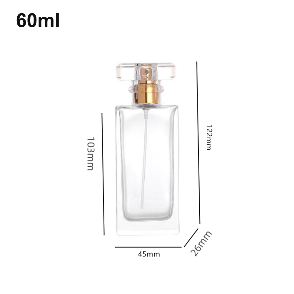 60ml slim rectangular, clear t-cap perfume bottle (OULU-PB0602) with source dimension markings
