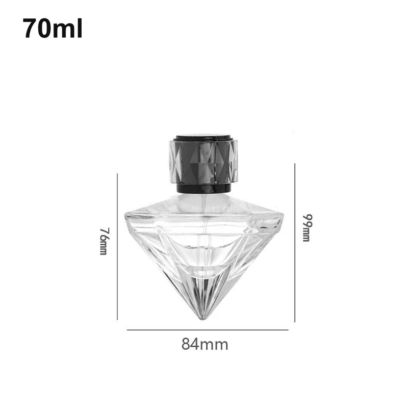 Wide clear diamond-shaped 70ml perfume bottle with faceted cap and shown dimensions