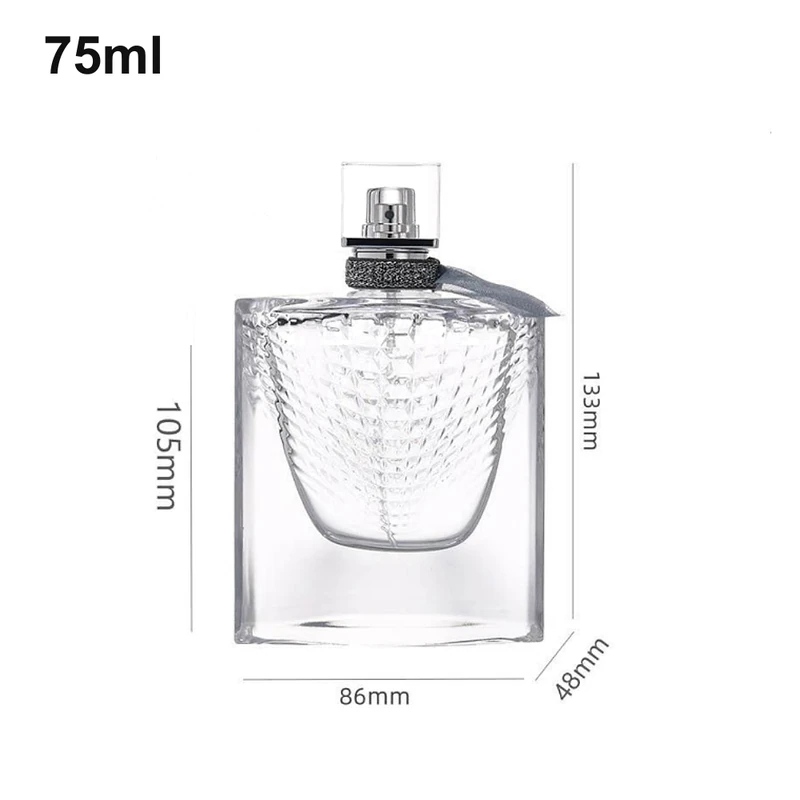 Wide clear rectangular 75ml perfume bottle with textured front panel, exposed sprayer and shown dimensions