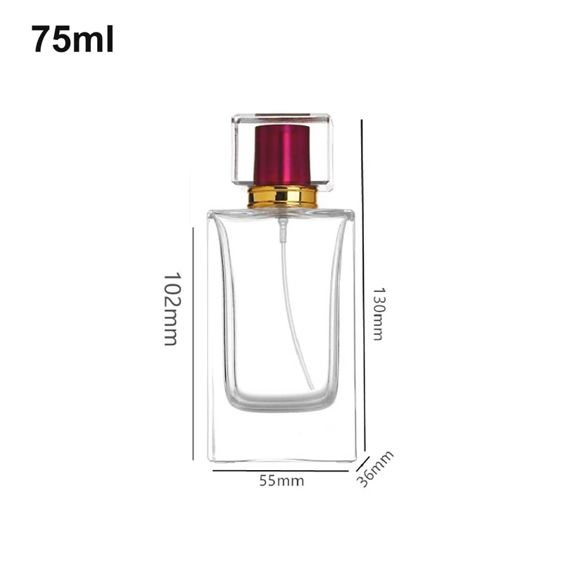 75ml tall rectangular, magenta cap perfume bottle (OULU-PB0752) with source dimension markings