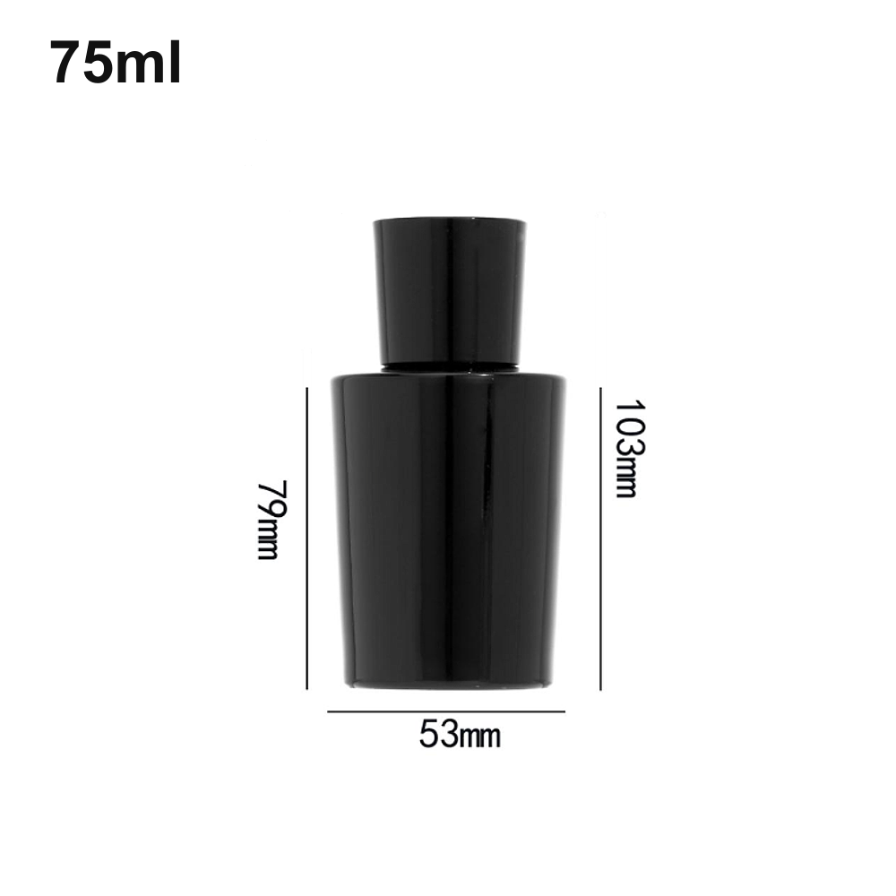 75ml glossy black oval perfume bottle (OULU-PB0753) with source dimension markings