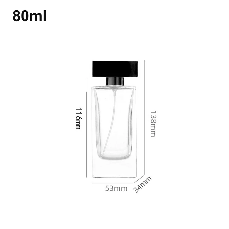 Tall clear rectangular 80ml perfume bottle with black cap and shown dimensions