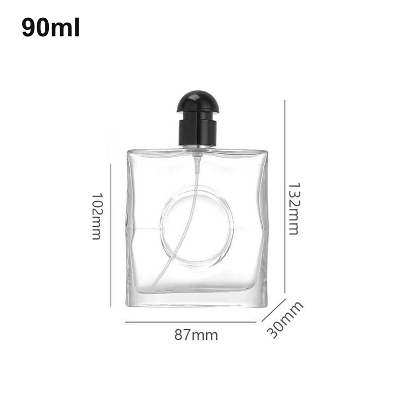 Wide square 90ml perfume bottle with circular window detail, domed black cap and shown dimensions