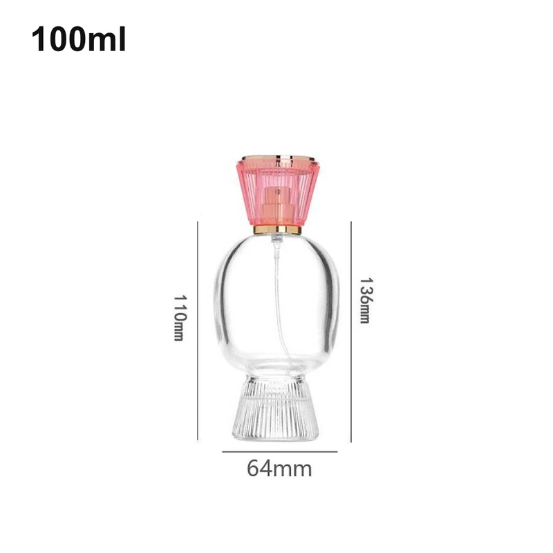 OULU-PB1008 rounded clear 100ml perfume bottle with fluted base and pink cap
