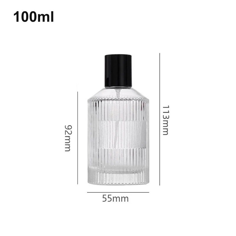 OULU-PB1015 clear ribbed 100ml cylinder perfume bottle with a black cap