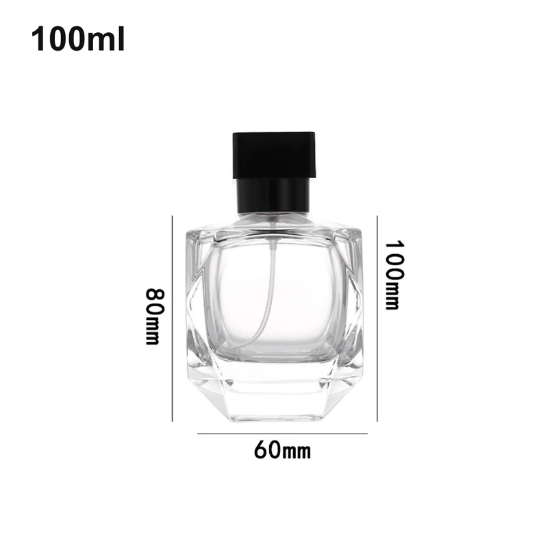 OULU-PB1018 clear faceted 100ml square perfume bottle with a black cap