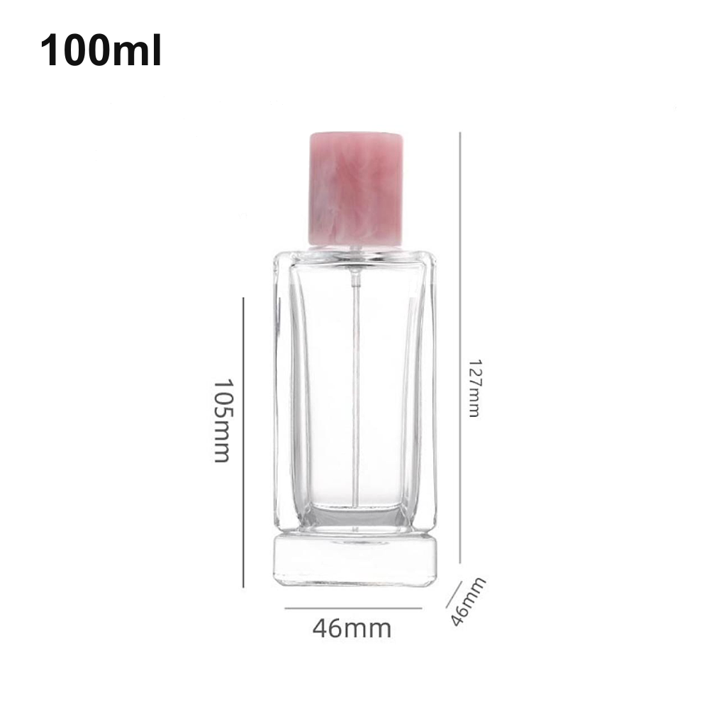 OULU-PB1020 clear square 100ml pedestal perfume bottle with a pink marble-look cap