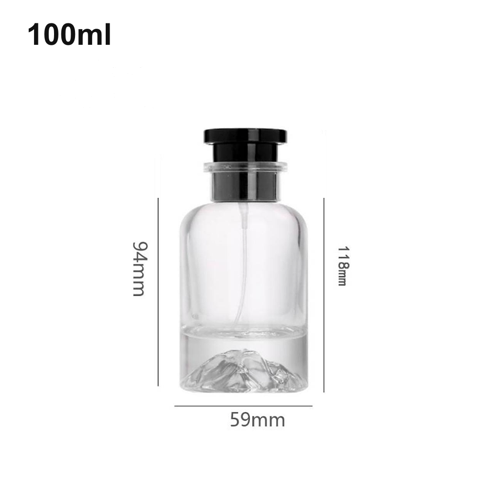 OULU-PB1023 clear cylindrical 100ml perfume bottle with a sculpted mountain-like inner base and tiered black cap