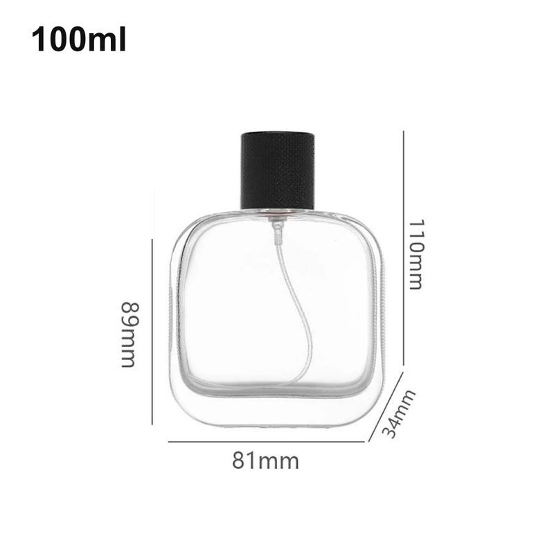 OULU-PB1029 wide rounded-square clear 100ml perfume bottle with a black cap