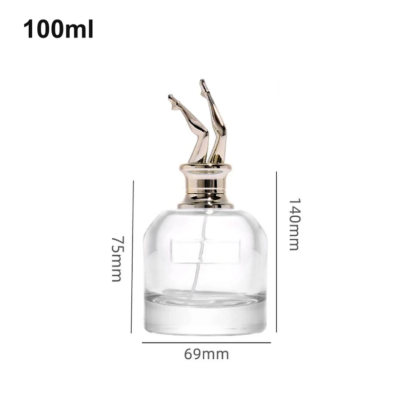 OULU-PB1030 low round clear 100ml perfume bottle with a tall sculptural figure cap