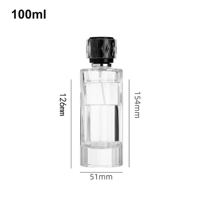 OULU-PB1031 tall tiered clear 100ml cylinder perfume bottle with a faceted black cap