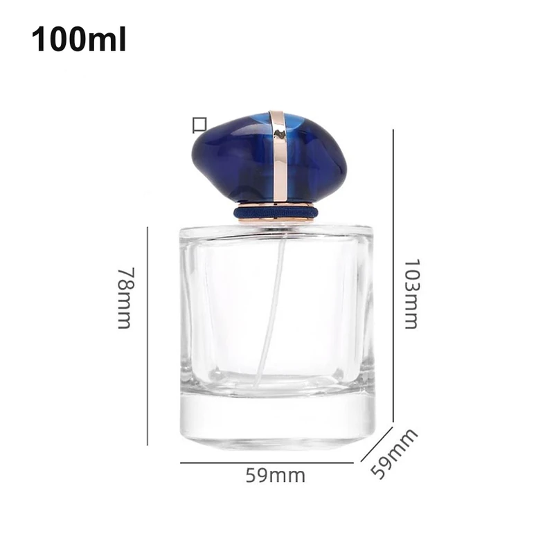 OULU-PB1032 compact clear 100ml square perfume bottle with a deep-blue gem-style cap