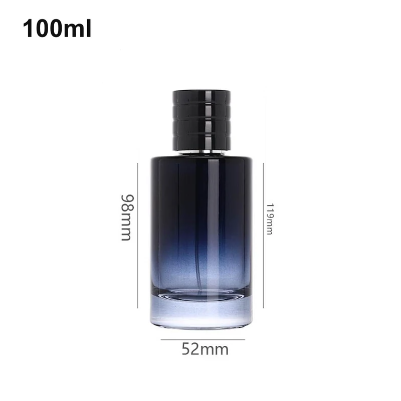 OULU-PB1041 blue-to-clear gradient 100ml cylinder perfume bottle with a ribbed black cap