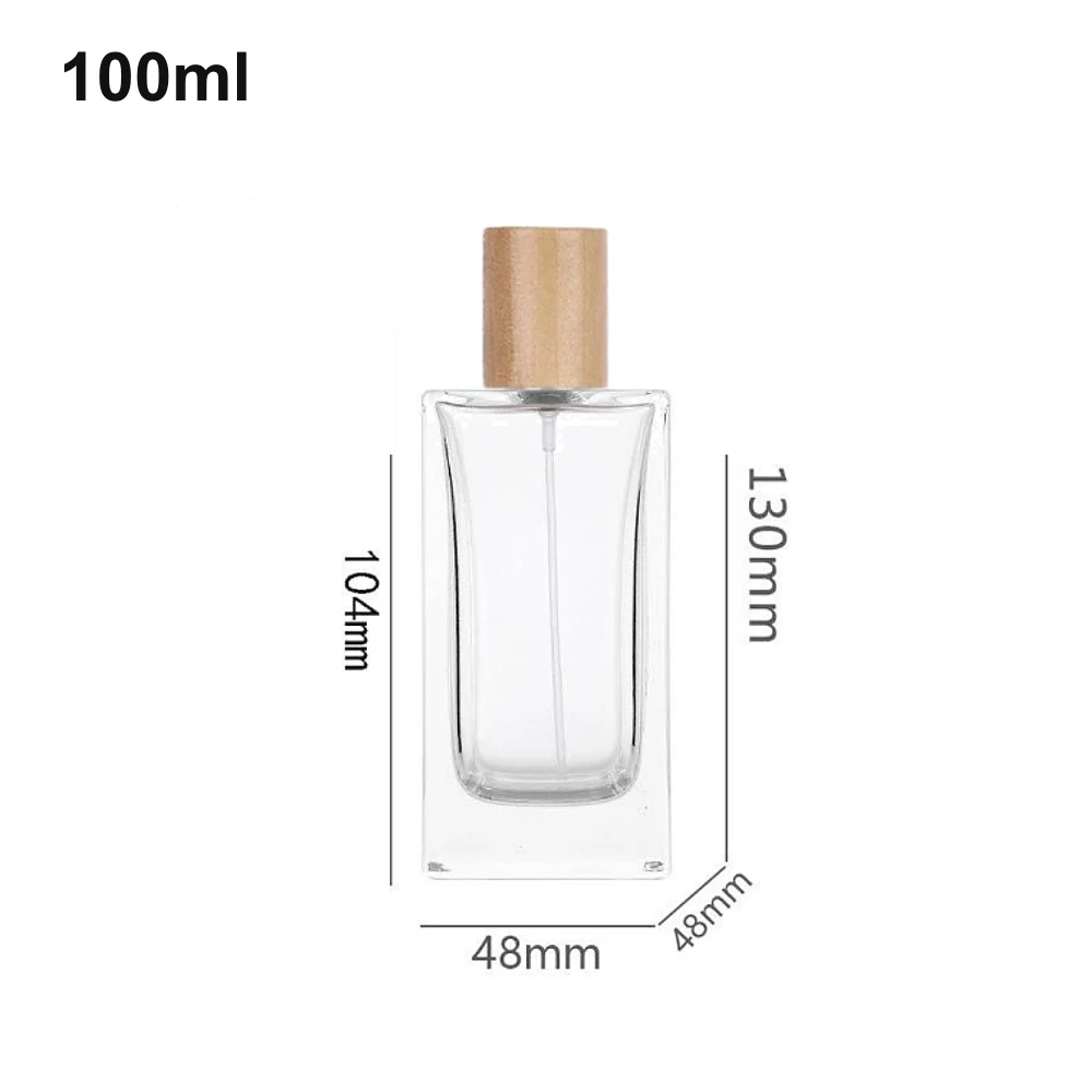 OULU-PB1044 tall clear 100ml square perfume bottle with natural wood-look cylindrical cap