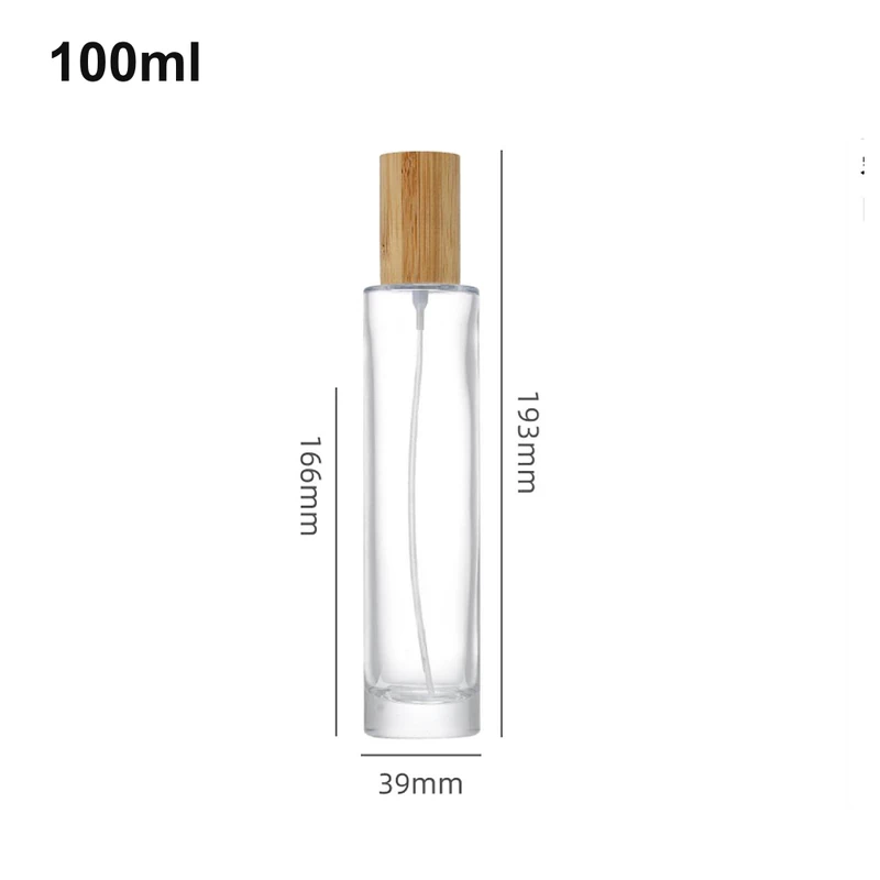 OULU-PB1055 extra-tall clear 100ml column bottle with natural wood-look cap