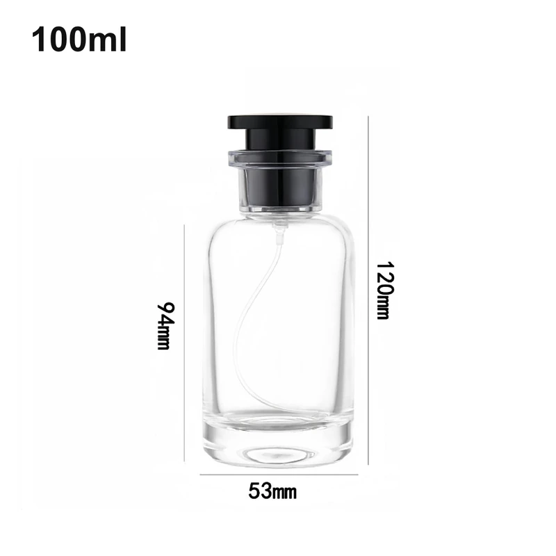 OULU-PB1057 rounded clear 100ml cylinder with broad glossy black T-shaped cap